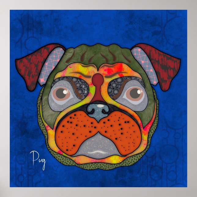Póster Poster pintado a mano del perro Pug loco (Frente)