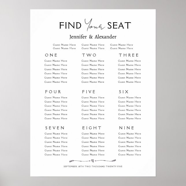Póster Poster Plan de asiento 9 mesas Boda (Frente)