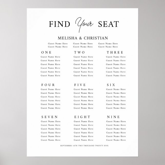 Póster Poster Plan de asiento 9 mesas Boda (Frente)