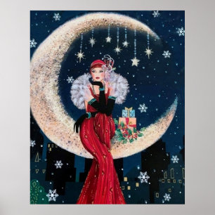 Póster Poster retro de la señora del art déco del navidad