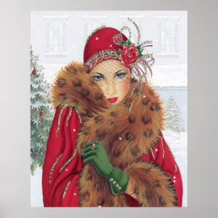 Póster Poster retro de la señora del art déco del navidad
