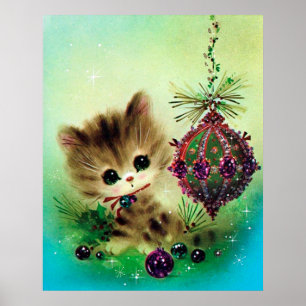 Póster Poster retro del bulbo del navidad del gatito del