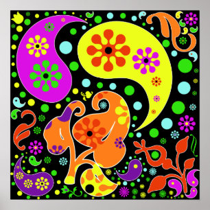 Póster Poster retro del Hippie de Paisley de las flores