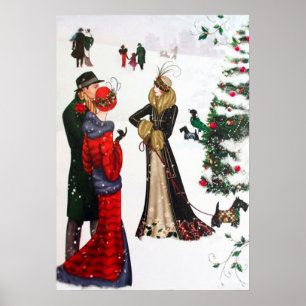 Póster Poster retro del navidad de la gente del art déco