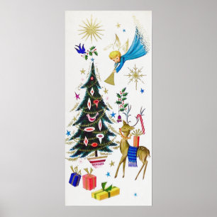 Póster Poster retro del reno del ángel del navidad del