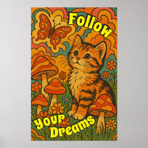 Póster Poster retro psicodélico de gatitos viendo maripos