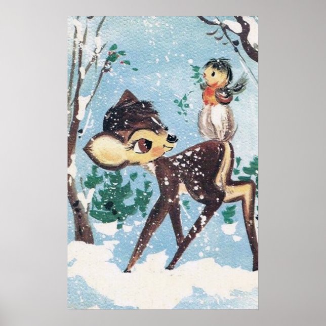 Póster Poster retro vintage de navidad de ciervo (Frente)