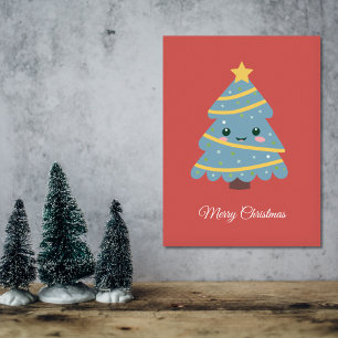 Póster Poster rojo con árbol de Navidad kawaii