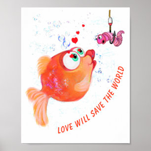 Póster Poster romántico de peces y gusanos divertidos