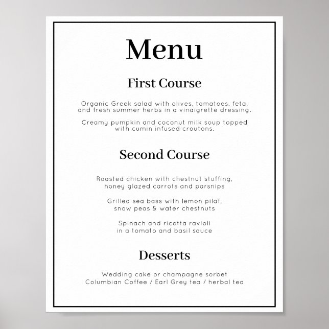 Póster Poster simple de menú Boda de 3 platos (Frente)