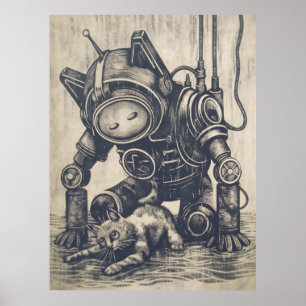 Póster Poster Steampunk Robot Linocut