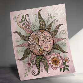 Póster Poster único bohemio de luna de sol, sol floral