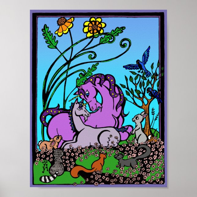 Póster Poster unicornio para niños - "madre sentada" retr (Frente)