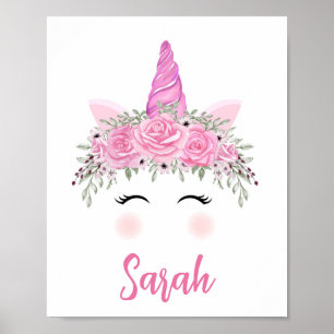 Póster Poster unicornio personalizado con nombre rosa