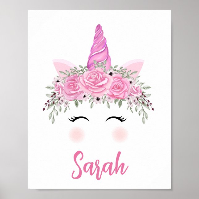 Póster Poster unicornio personalizado con nombre rosa (Frente)