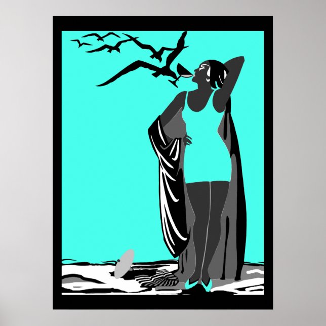 Póster Poster verde azulado ART DECO LADY Aves blancas ne (Frente)