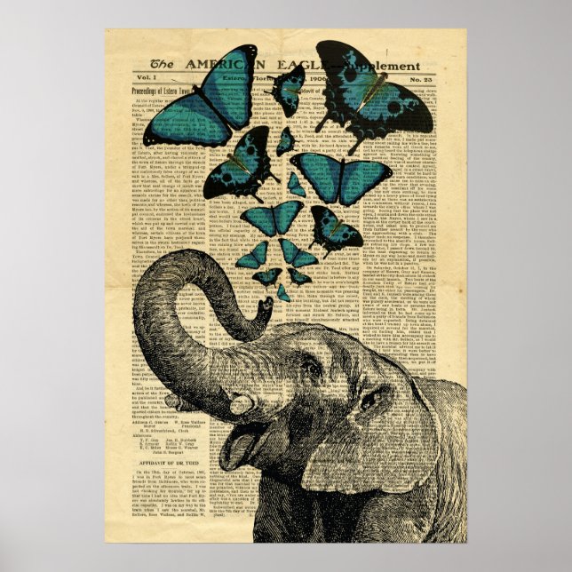 Póster Poster Vintage Elephant Butterflies en el periódic (Frente)