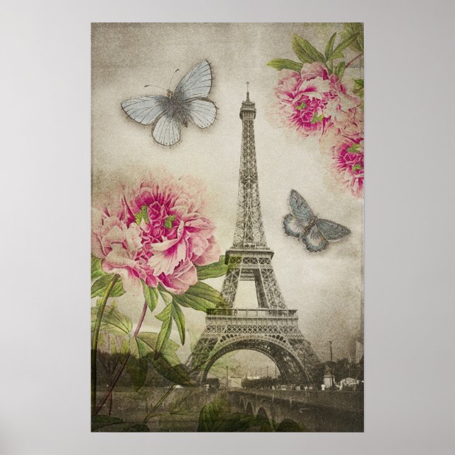 Póster Poster Vintage Paris Eiffel Tower Peonies (Frente)