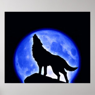 Póster Poster Wolf Howling Blue Full Moon
