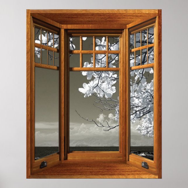 Póster Poster Wood Bay Window Illusion White Blossoms (Frente)