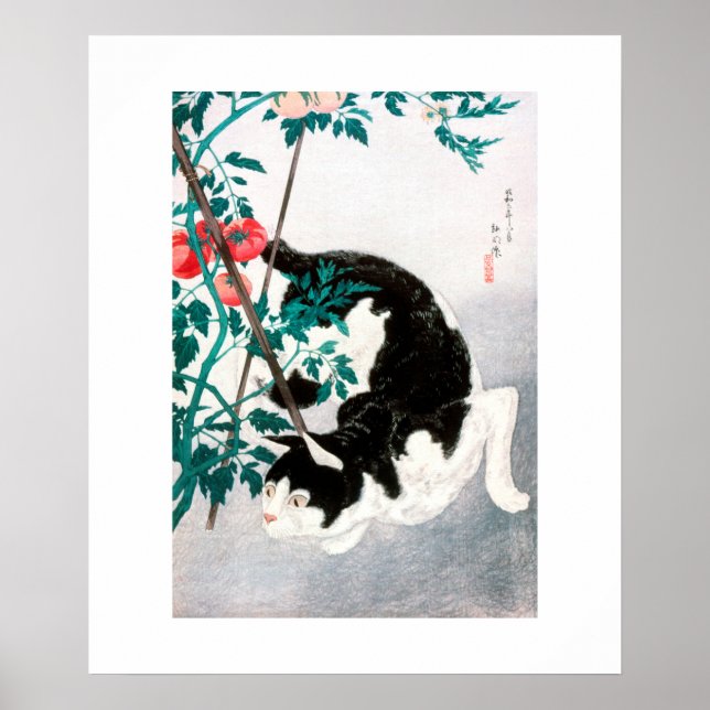 Póster POSTER : WOODBLOCK JAPONÉS: Gato con tomate (Frente)