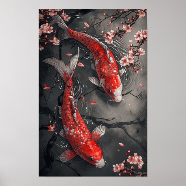 Póster Poster Zen Koi Fish y Cherry Blossoms (Frente)