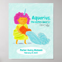 Poster Zodiac Cute Aquarius Unicorn Personalizado