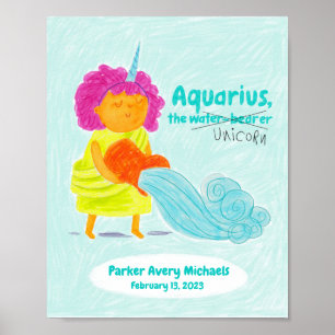 Póster Poster Zodiac Cute Aquarius Unicorn Personalizado