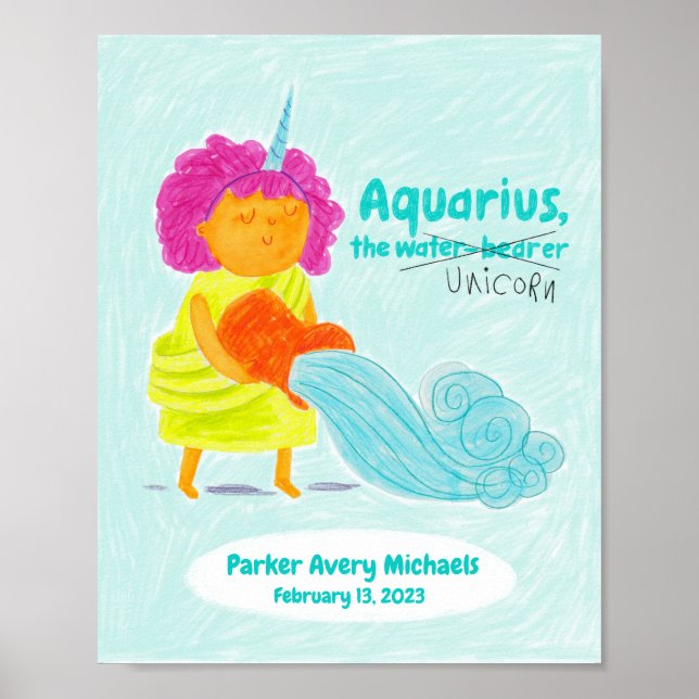 Póster Poster Zodiac Cute Aquarius Unicorn Personalizado (Frente)