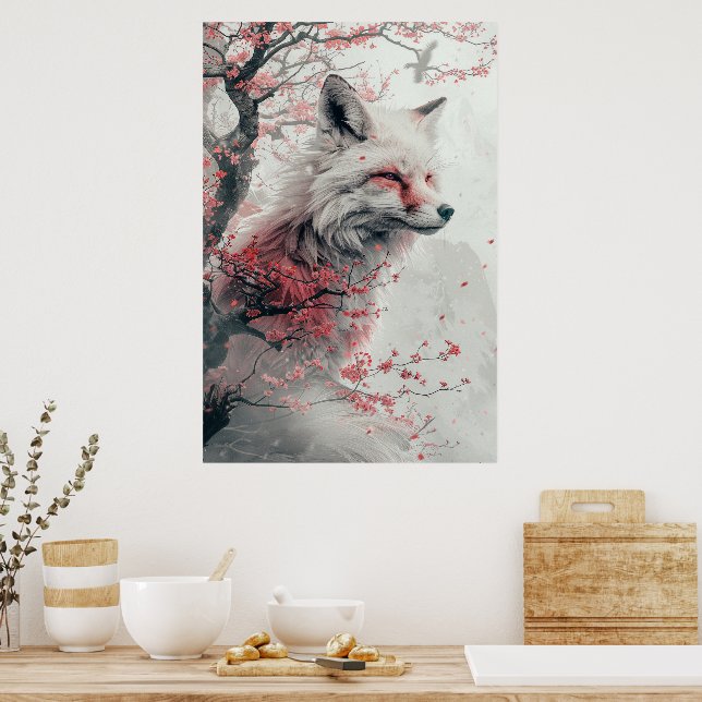 Póster PosterKitsune Spirit – Japanese Fox in Blossom For (Cocina)