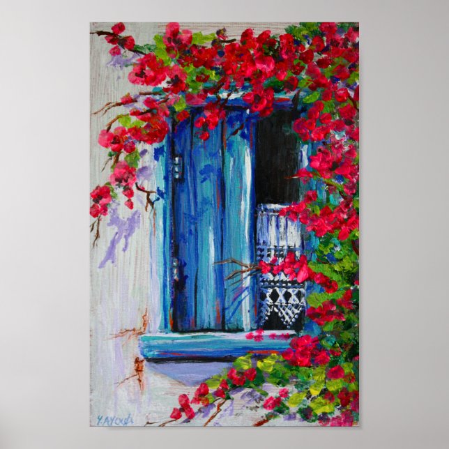 Póster Postigos azules con buganvillas (Frente)