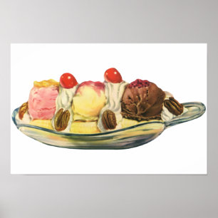 Póster Postres de comida antiguos, cerezas de banana spli