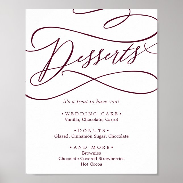 Póster Postres románticos Bodas de texto de Borgoña (Frente)