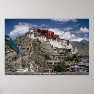 Póster Potala con las banderas del rezo, Tíbet, China