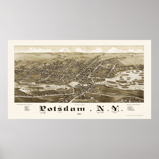 Póster Potsdam, Mapa Panorámico de Nueva York - 1885 (Frente)