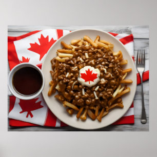 Póster Poutina canadiense con taza de café