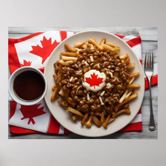 Póster Poutina canadiense con taza de café (Frente)