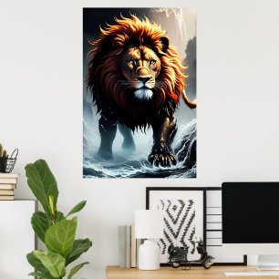 Póster Powerful Lion Walking Over Water