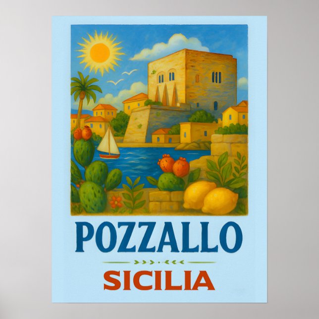 Póster Pozzallo Sicilia con La Torre Cabrera (Frente)