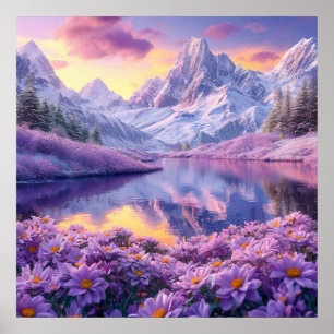 Póster 🌄 Pradera de Flor Púrpura Lago Alpino Atardecer S