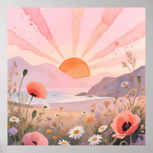Póster Pradera de flores silvestres puesta de sol pastel