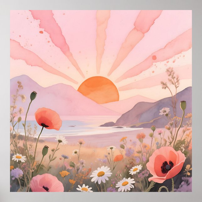 Póster Pradera de flores silvestres puesta de sol pastel (Frente)