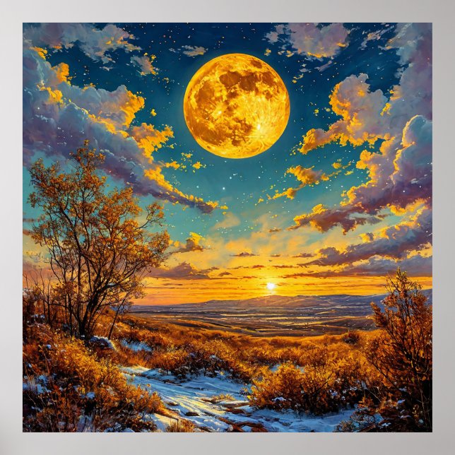 Póster 🌕 Pradera del Árbol del Atardecer de la Luna Dora (Frente)
