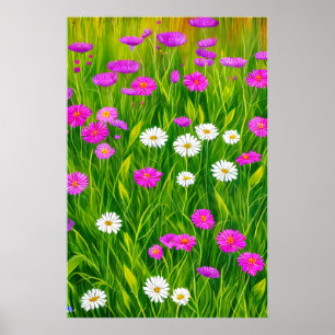 Póster Pradera floreciente en verano, margaritas