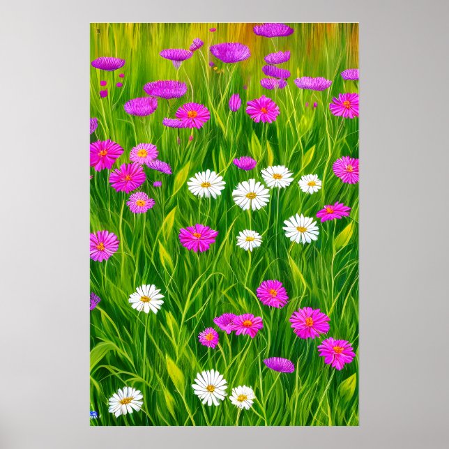Póster Pradera floreciente en verano, margaritas (Frente)