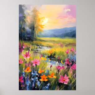 Póster Pradera Vibrante de Flores Silvestres al Atardecer
