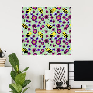 Póster Prado de Abejas Ocupadas: Abejorro Lindo y Floral 