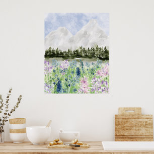 Póster Prado de flores azul púrpura acuarela en la montañ