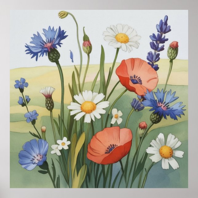 Póster Prado de flores silvestres acuarela (Frente)