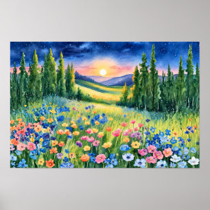 Póster Prado de flores silvestres bajo las estrellas al a